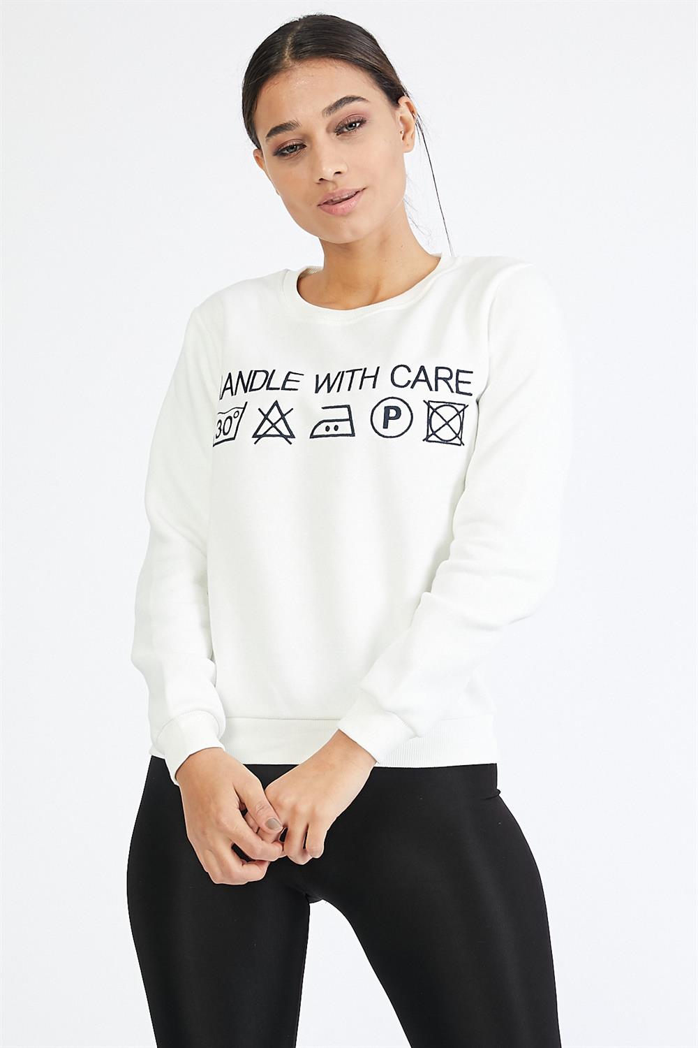 Nakışlı Beyaz Sweatshirt