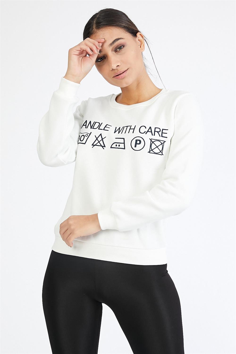 Nakışlı Beyaz Sweatshirt