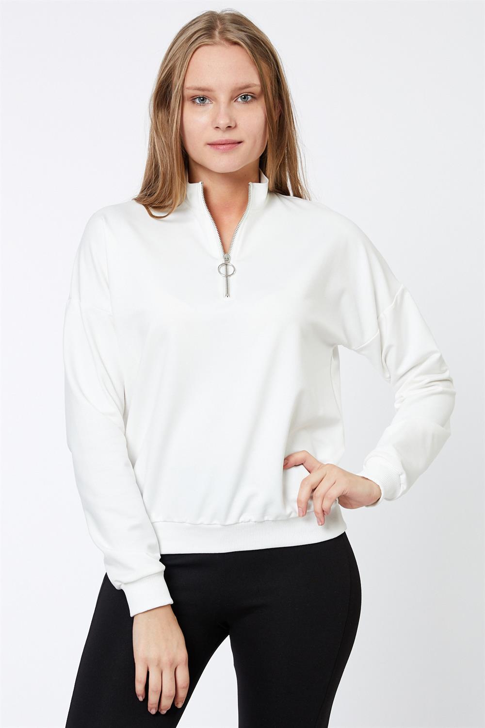 Fermuar Detaylı Beyaz Sweatshirt