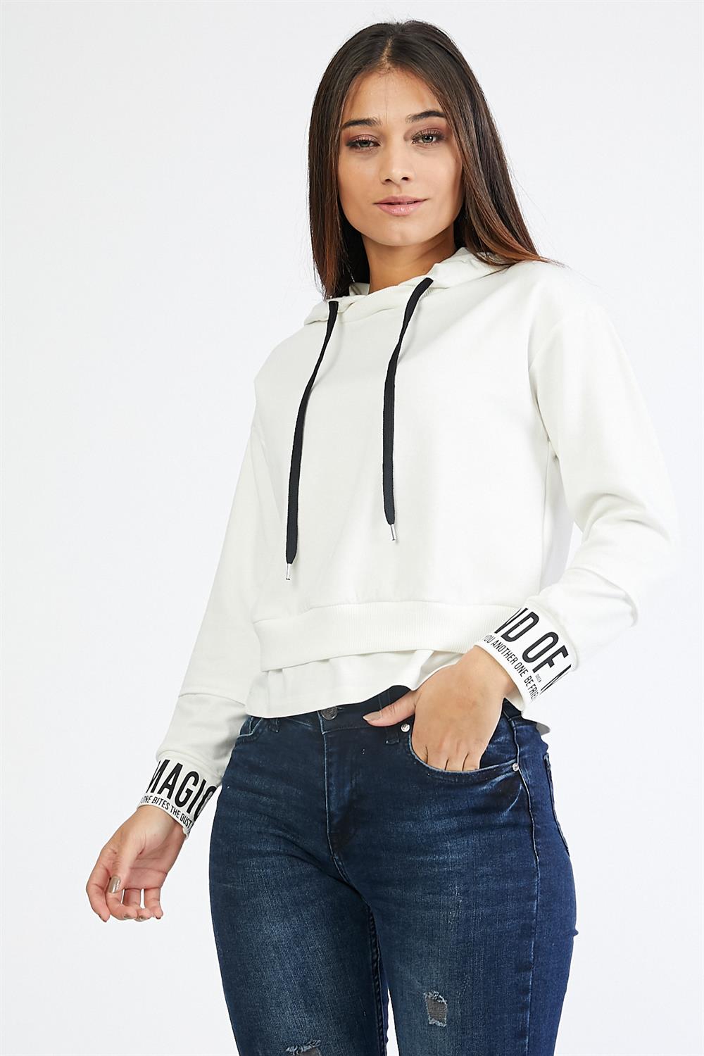 Kolları Yazı Detaylı Kapüşonlu Beyaz Sweatshirt