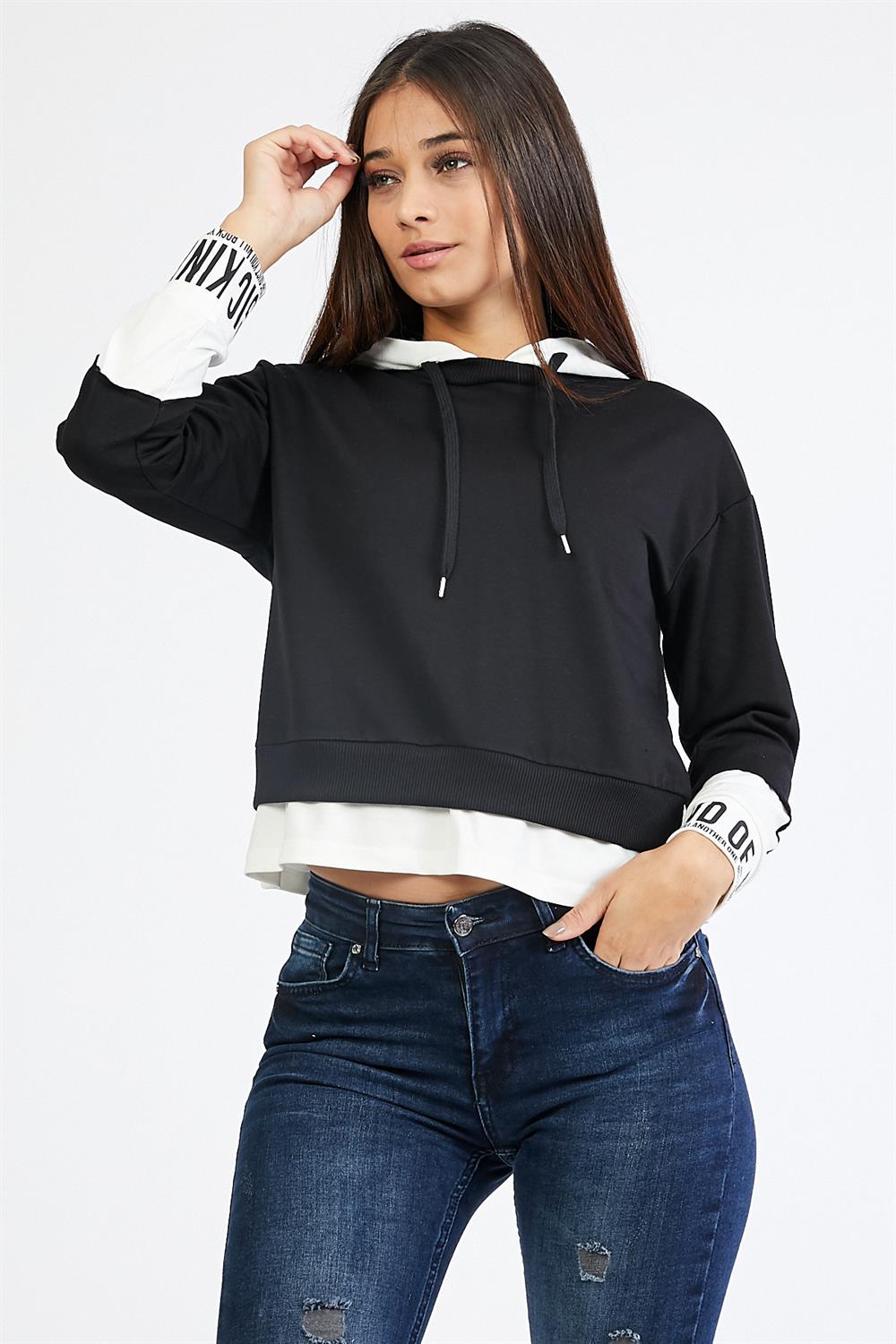 Kolları Yazı Detaylı Kapüşonlu Siyah Sweatshirt