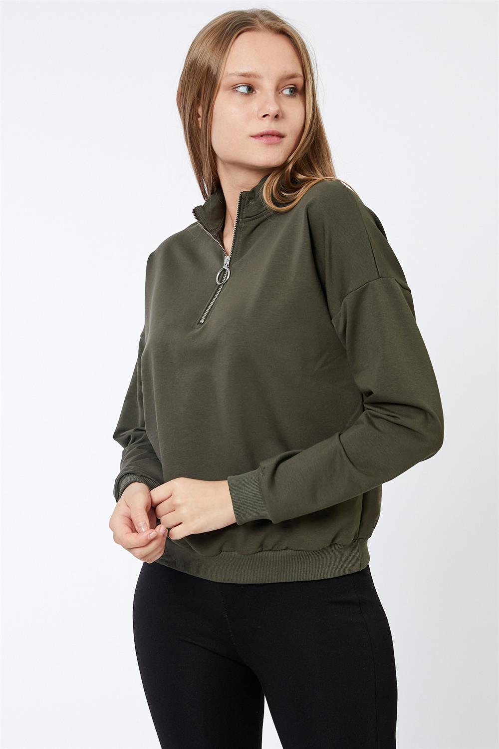 Fermuar Detaylı Haki Sweatshirt