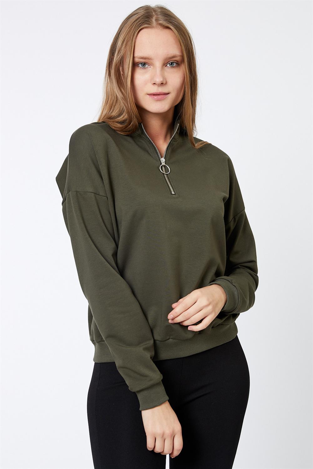 Fermuar Detaylı Haki Sweatshirt