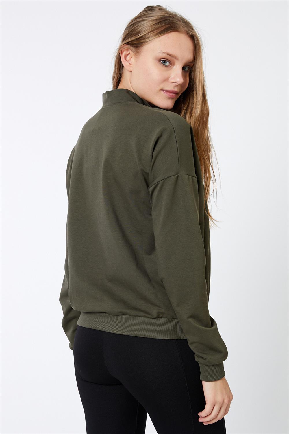 Fermuar Detaylı Haki Sweatshirt