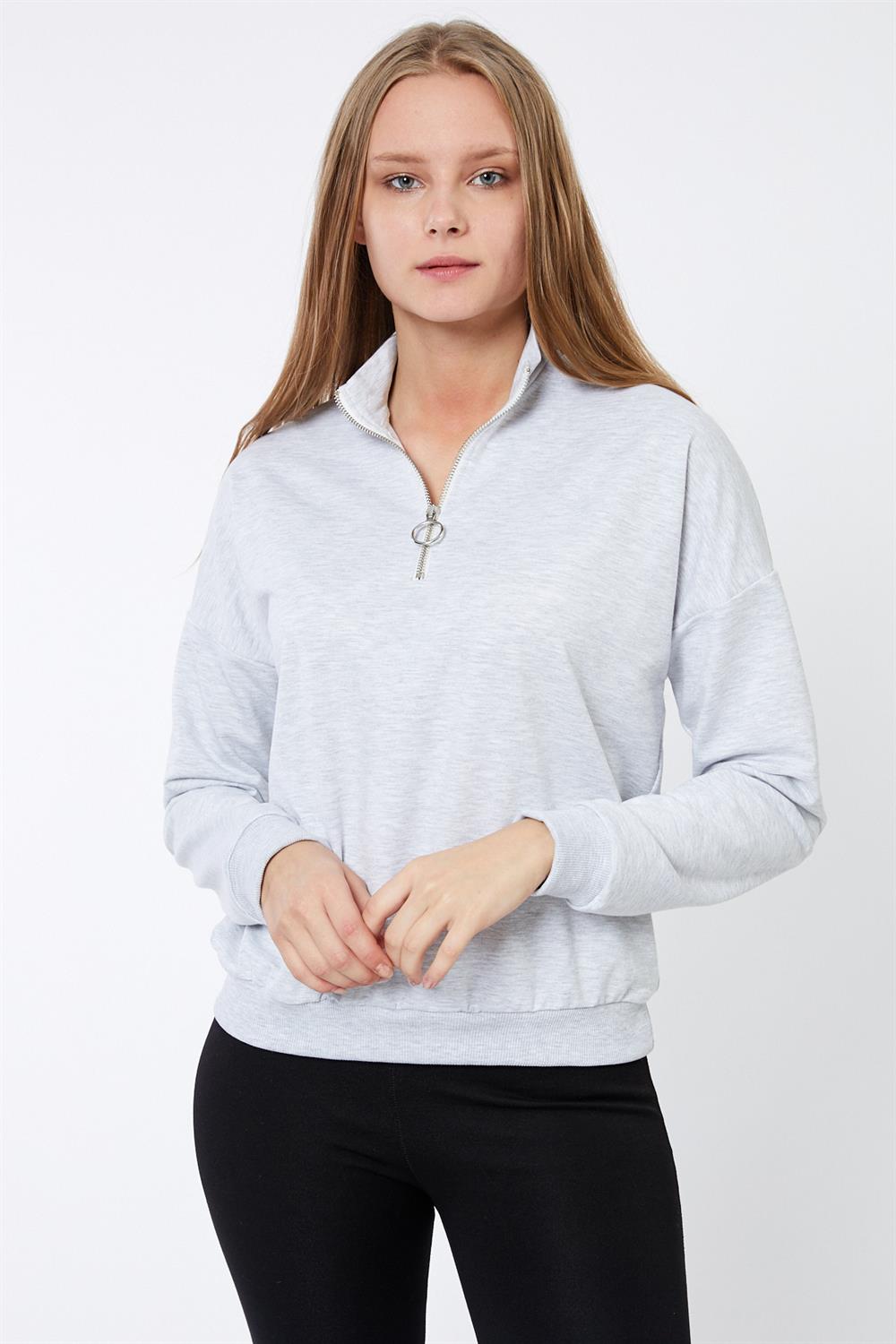 Fermuar Detaylı Gri Sweatshirt