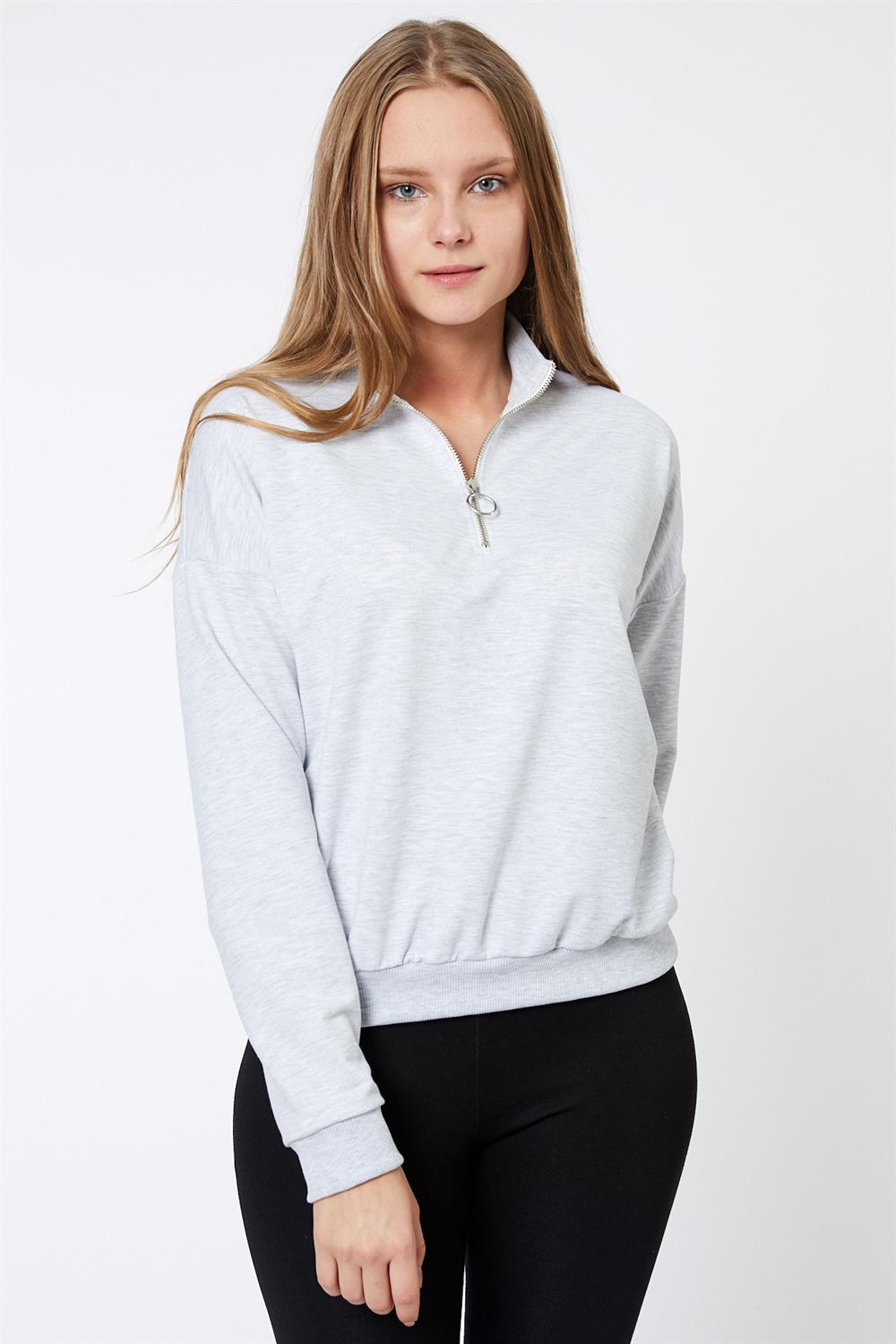 Fermuar Detaylı Gri Sweatshirt