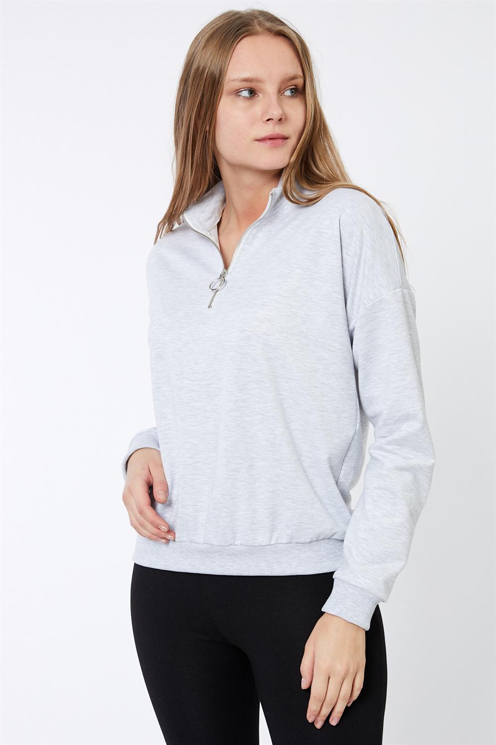 Fermuar Detaylı Gri Sweatshirt