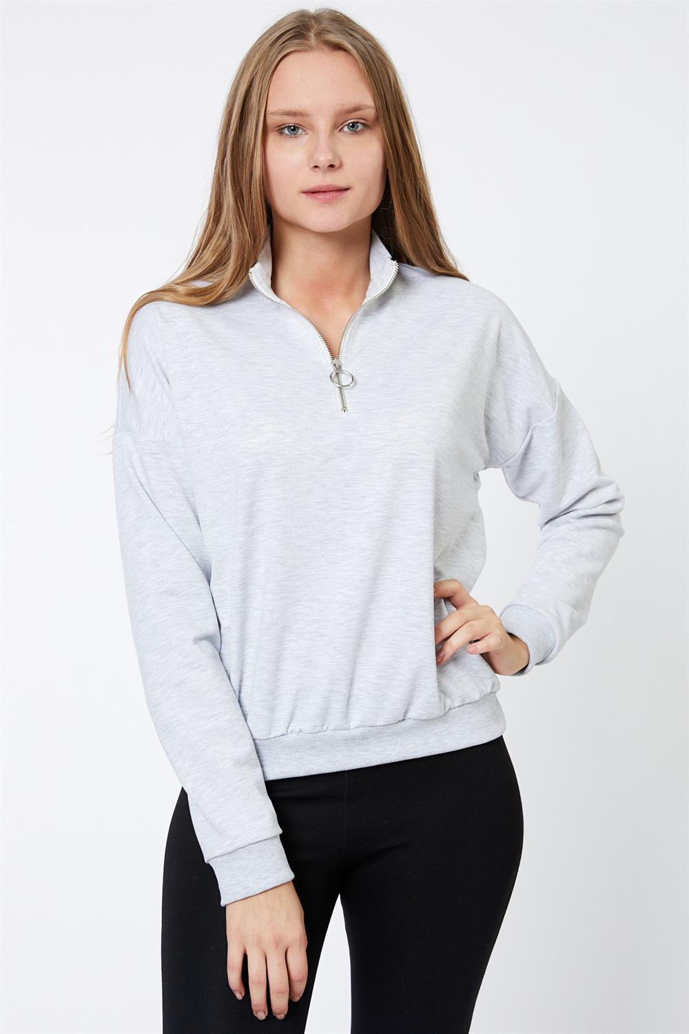 Fermuar Detaylı Gri Sweatshirt