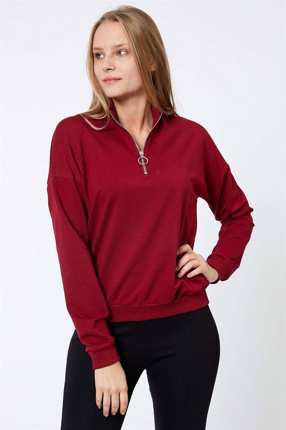 Fermuar Detaylı Bordo Sweatshirt