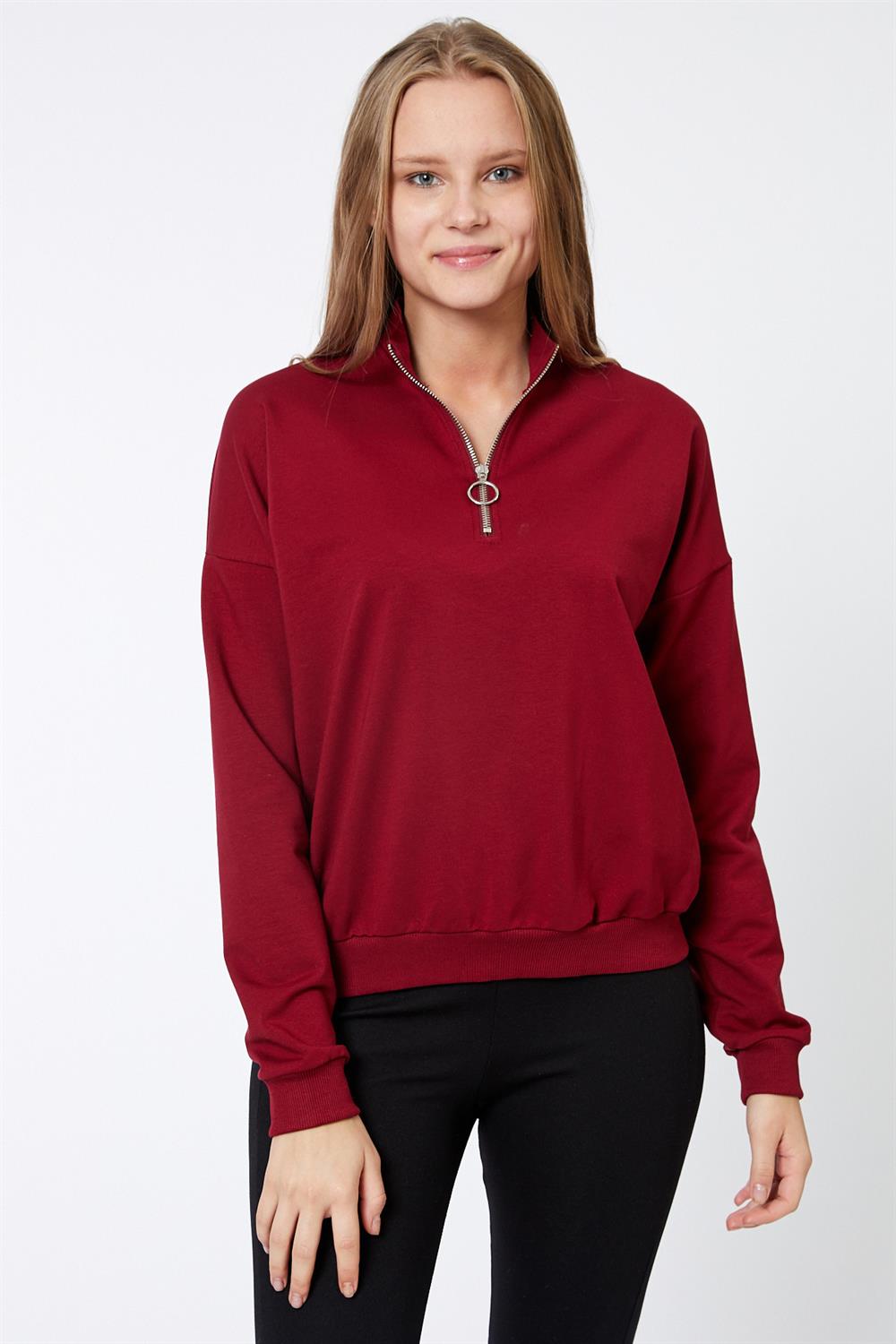 Fermuar Detaylı Bordo Sweatshirt