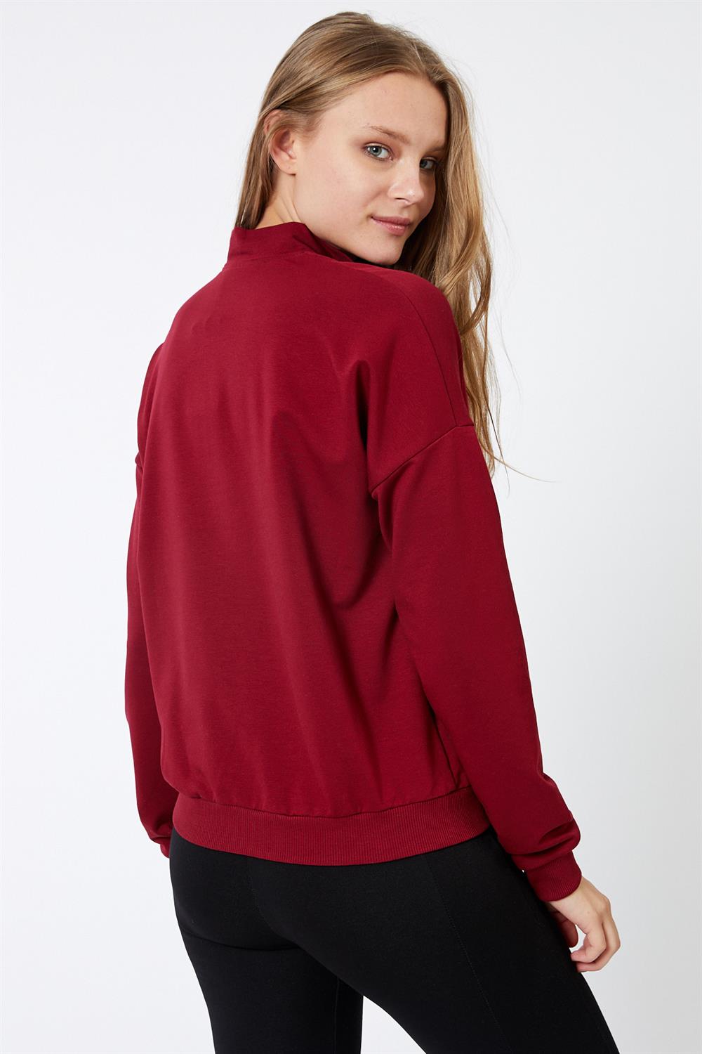 Fermuar Detaylı Bordo Sweatshirt