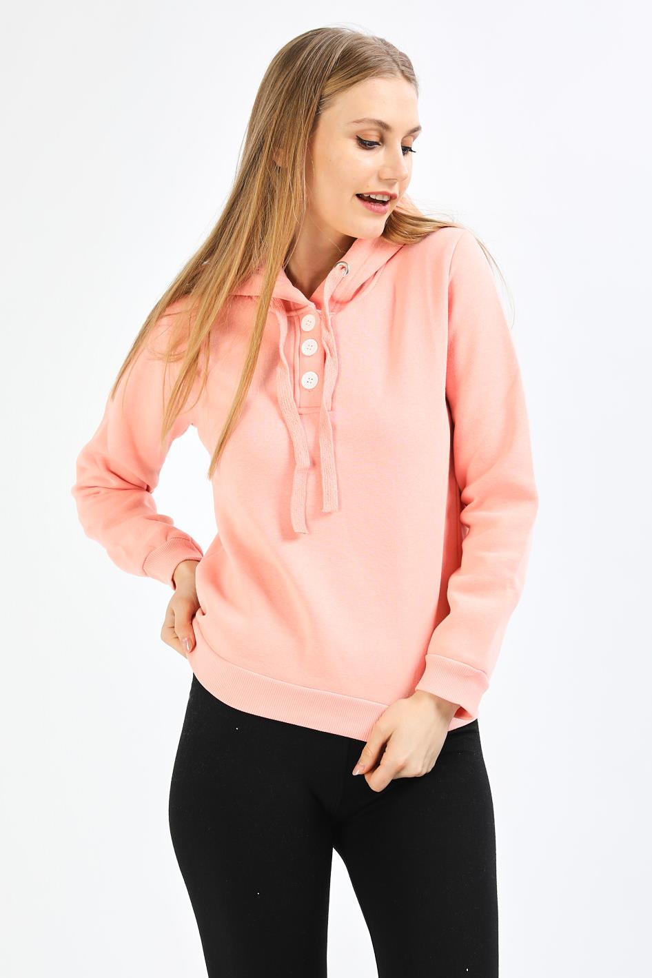 Yakası Düğmeli Kapüşonlu Pembe Sweatshirt