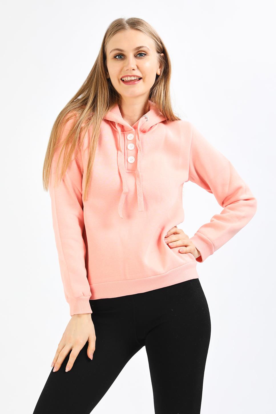 Yakası Düğmeli Kapüşonlu Pembe Sweatshirt