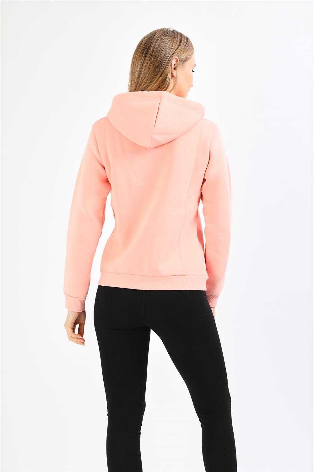 Yakası Düğmeli Kapüşonlu Pembe Sweatshirt