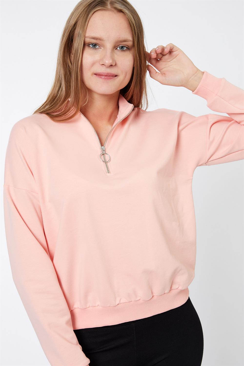 Fermuar Detaylı Pembe Sweatshirt