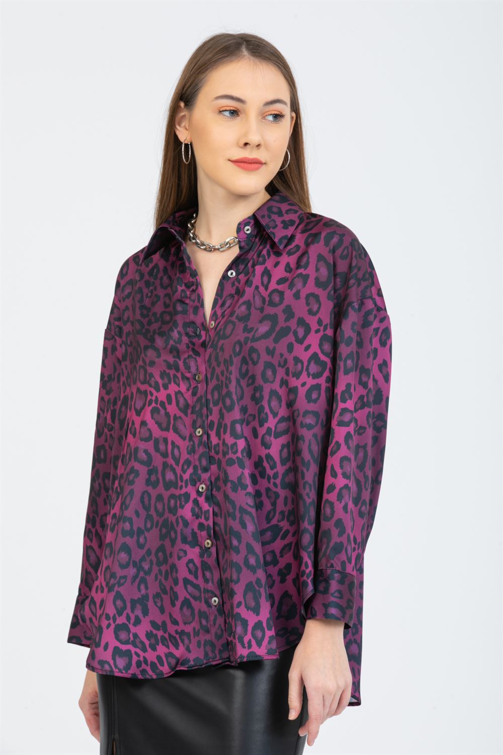 Leopar Desenli  Salaş Oversize  Saten Gömlek