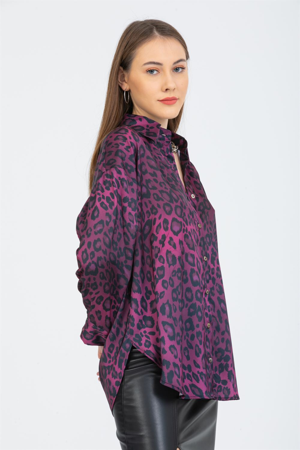 Leopar Desenli  Salaş Oversize  Saten Gömlek